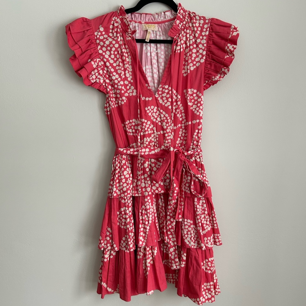 Verb Coral Tiered Ruffle Mini Dress Medium Boho Cotton Tie Waist - Picture 4 of 8